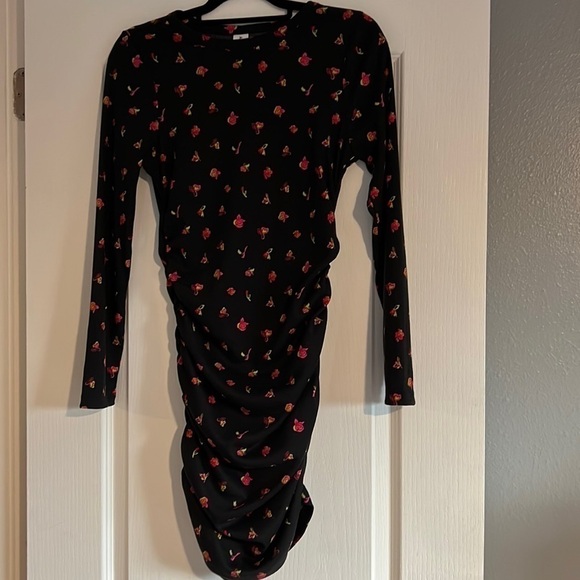 Abound Nordstrom black floral ribbed dress medium ruched sides - Picture 3 of 8